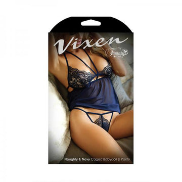 Vixen Naughty &amp; Navy Caged Babydoll &amp; Panty Os Navy