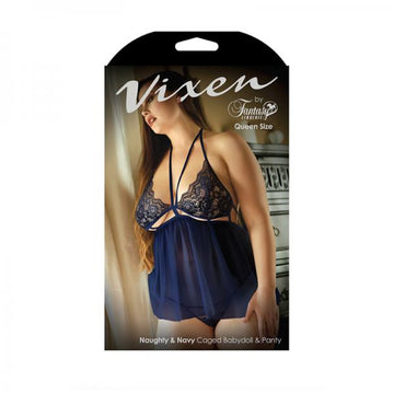 Vixen Naughty &amp; Navy Caged Babydoll &amp; Panty L/xl Navy