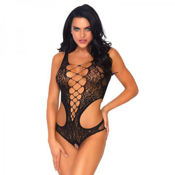 Seamless Lace Cut Out Teddy With Crotchless Bare Bottom.