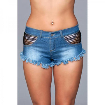 Denim Shorts Fishnet Trim Frindge Bottom Large