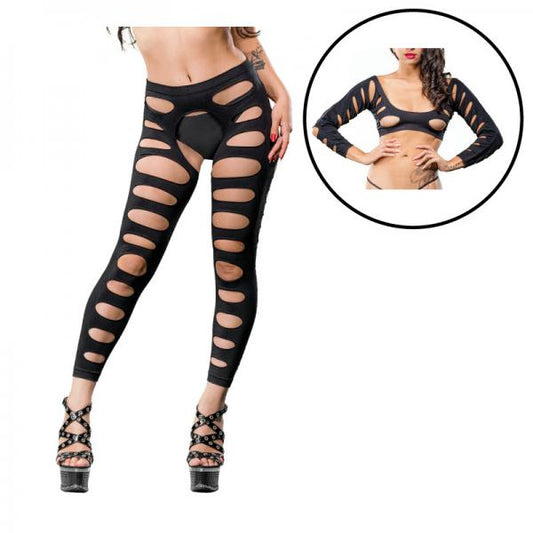 Black Variegated Holes Crotchless Legging  Os