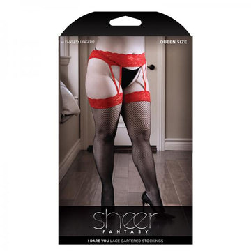 I Dare You Red Lace Garter Belt With Attached Lace Top Fishnet Stockings Queen