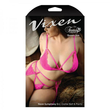 Vixen Neon Symphony Bralette, Garter Belt &amp; Panty Queen Electric Pink