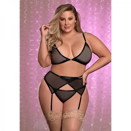 Ms Sheer Mesh Bra Garter & Panty Blk 1 Size Queen