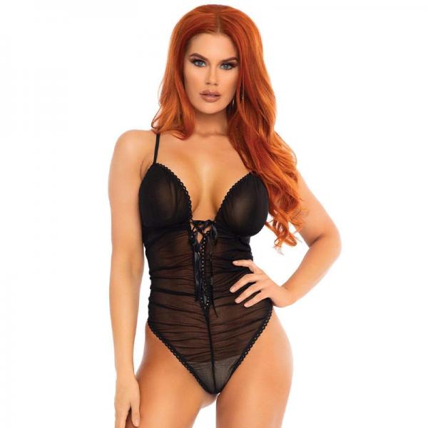 Scalloped Trimmed Sheer Ruched Lace Up Teddy With Cross Over Back Straps S/m Black