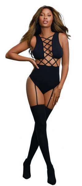 Cross Vest Teddy Bodystocking Black O/S