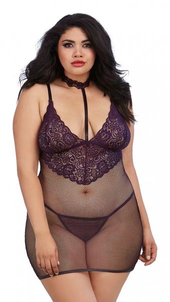 Chemise &amp; G-String Eggplant Purple Queen O/S