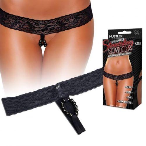 Hustler Crotchless Stimulating Panties With Pearl Beads Black M/L