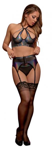 Oil Slick Halter Bra, Garter &amp; Panty Set Black L/XL