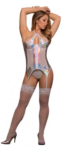 Oil Slick Merry Widow &amp; G-String Set Silver L/XL