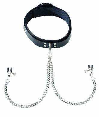 Black Leather Collar With Broad Tip Nipple Clamps