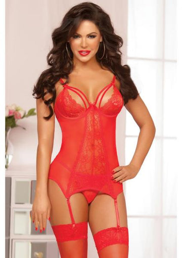 Floral Lace &amp; Fishnet Chemise Red O/S