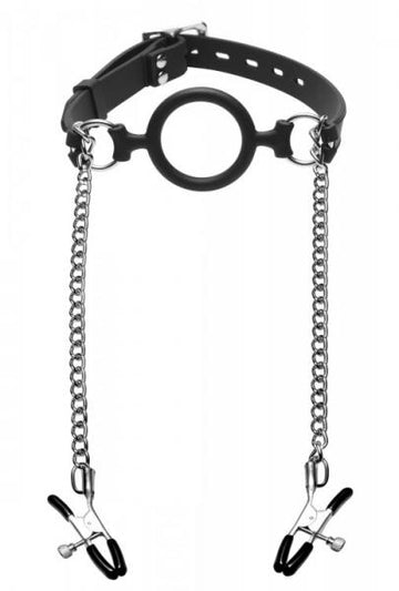 Mutiny Silicone O-Ring Gag With Nipple Clamps Black