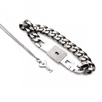 Chained Locking Bracelet And Key Necklace Couples Set